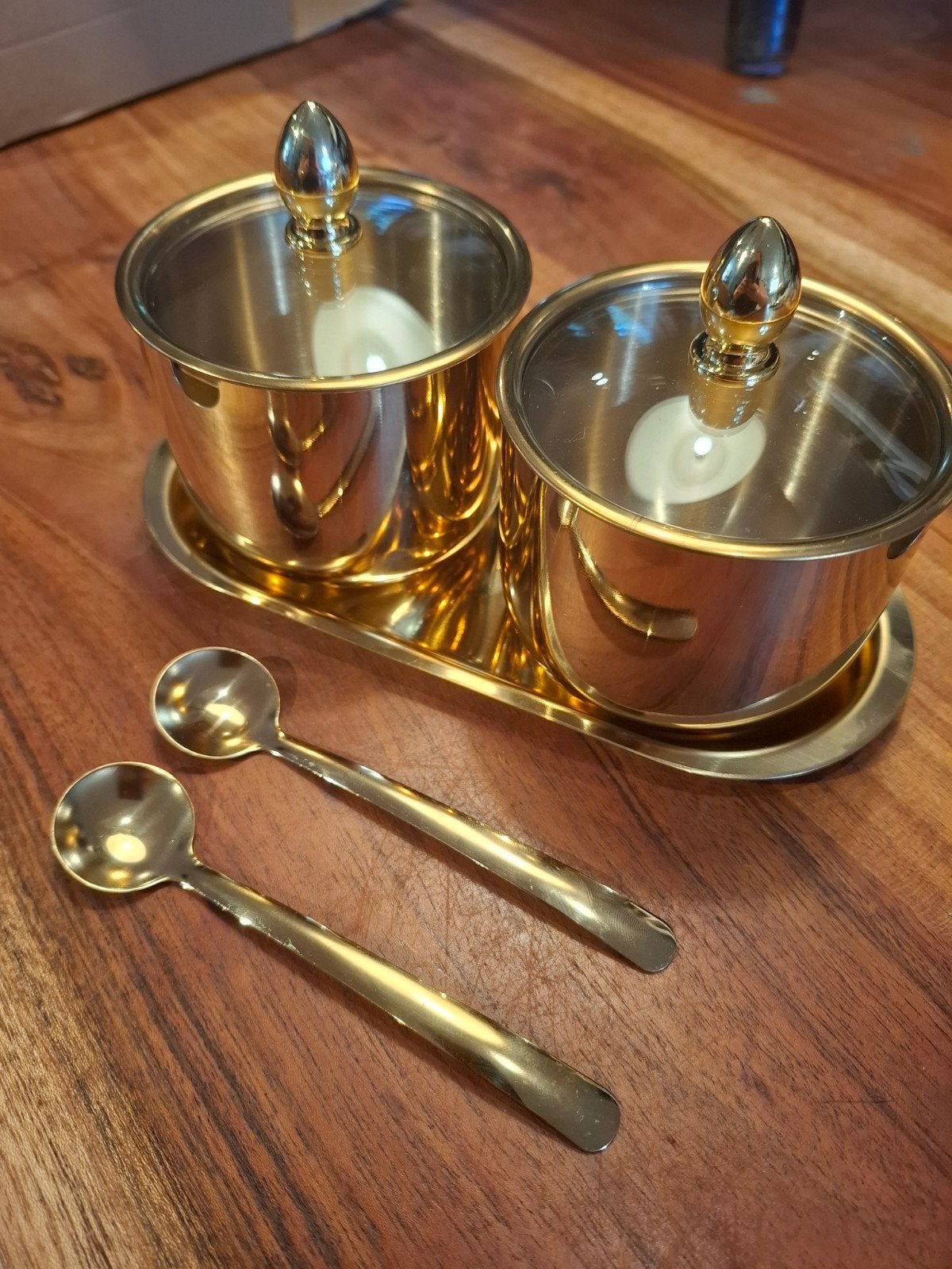 Gouden voorraadpotten met lepel en dienblad, Goud, Nieuw, Ophalen of Verzenden, Voorraadpot