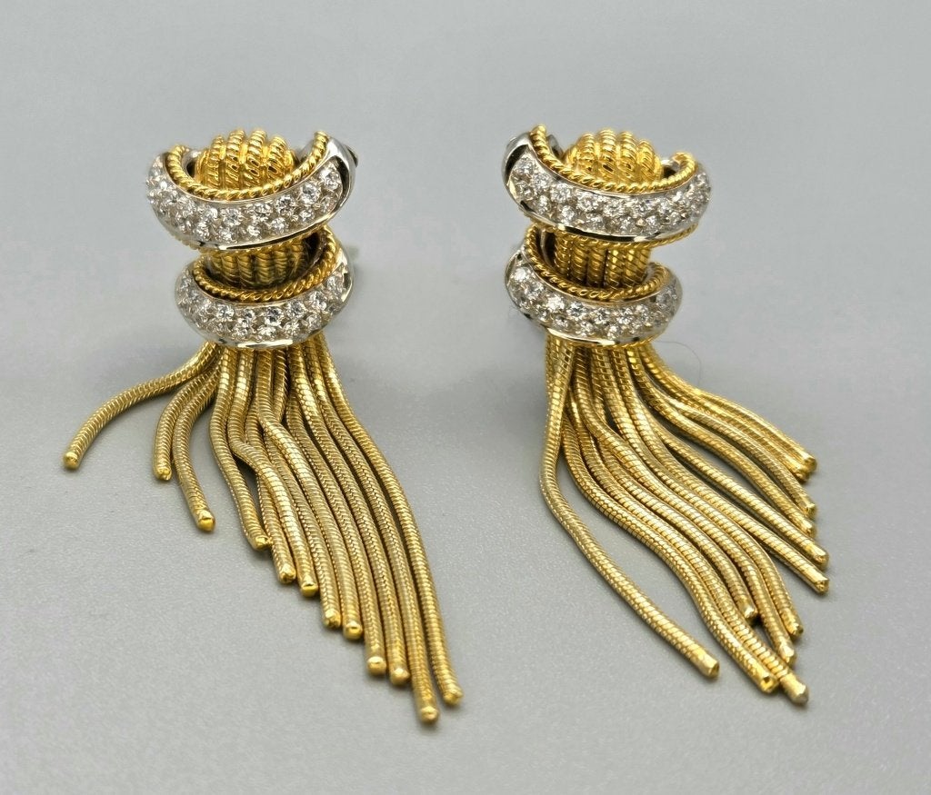Vintage 18 karaat gouden koord oorbellen diamanten. 2026/749, Hangers, ., Ophalen of Verzenden, Zo goed als nieuw