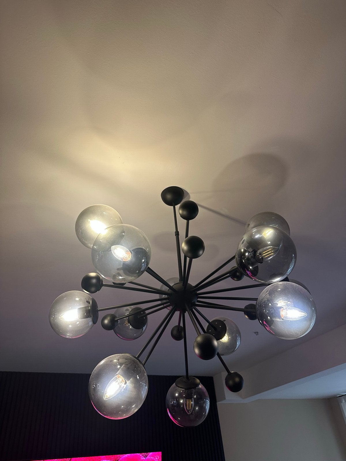 Moderne Sputnik Kroonluchter met Rookglazen Bollen, Ophalen of Verzenden, Zo goed als nieuw, Metaal, E14 (klein)
