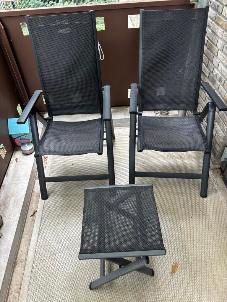 Aluminium standenstoelen Jysk Lomma + voetenbankje., Ophalen, Zo goed als nieuw, Aluminium, Verstelbaar
