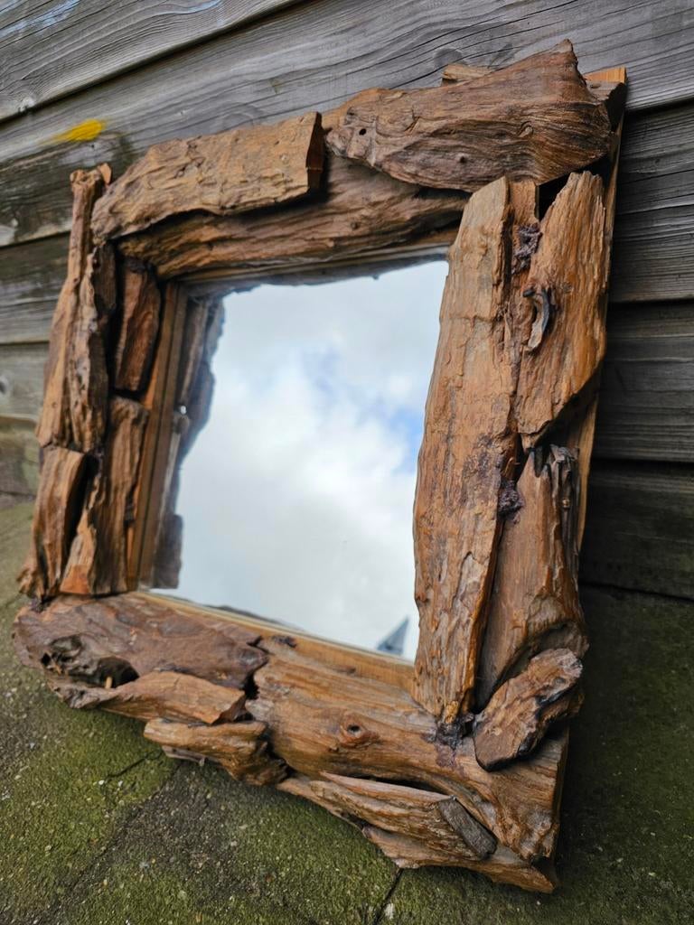 Unieke handgemaakte spiegel van drijfhout, Nieuw, Ophalen of Verzenden, Minder dan 100 cm, Rechthoekig