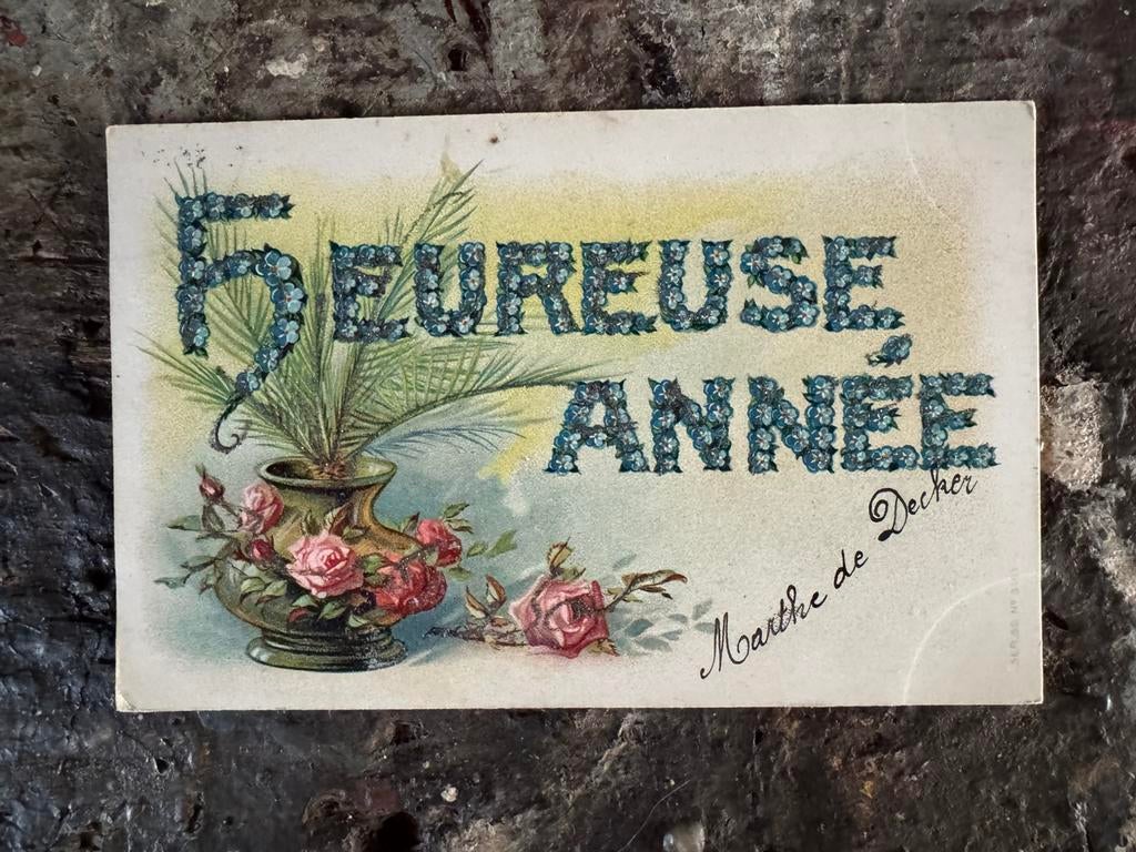 Oude kaart, bloemen glitter, heureuse annee 190?, Ophalen of Verzenden, Voor 1920