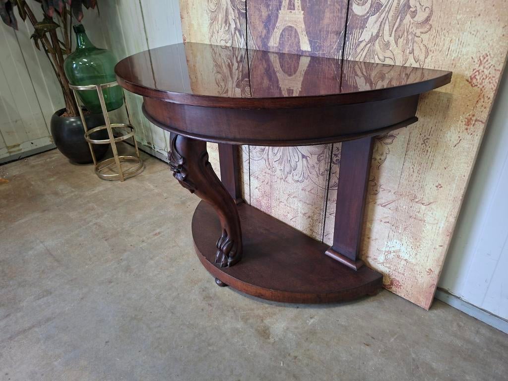 Antieke mahoniehouten demi-lune sidetable, wandtafel console, Huis en Inrichting, Tafels | Sidetables, Ophalen of Verzenden, Zo goed als nieuw