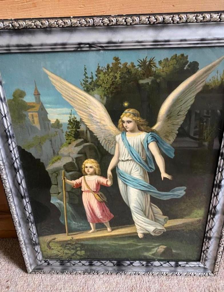 Grote prent engel met kind, Antiek en Kunst, Antiek | Religie, Ophalen of Verzenden