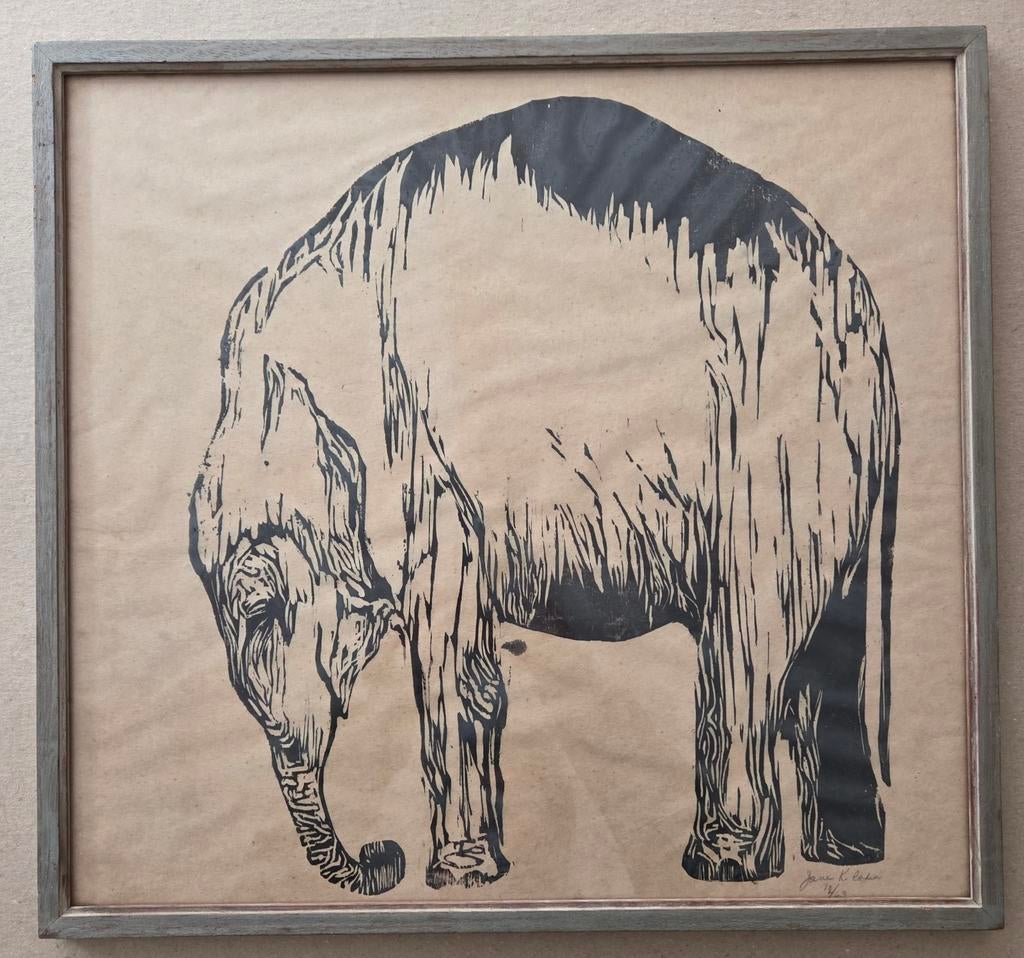 Olifant. Houtdruk. Gesigneerd., Antiek en Kunst, Kunst | Etsen en Gravures, Ophalen of Verzenden