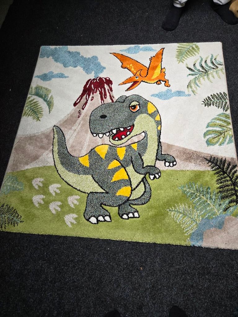 Dinosaurus vloerkleed kinderkamer 135x135 cm Paco home, Ophalen, Vierkant, Zo goed als nieuw, 100 tot 150 cm