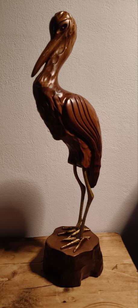 Houten Vogelbeeld Kraanvogel Ibis Mid-Century, Antiek en Kunst, Ophalen