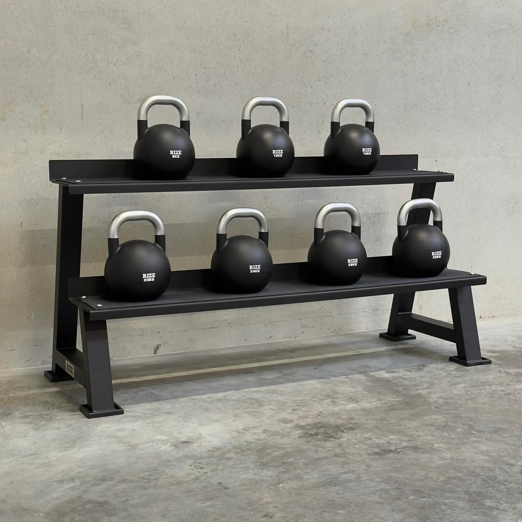 RIZE kettlebell set 8–32 kg + rek, Sport en Fitness, Fitnessmaterialen, Nieuw, Kettlebell, Armen, Benen, Borst, Buik, Rug, Ophalen of Verzenden
