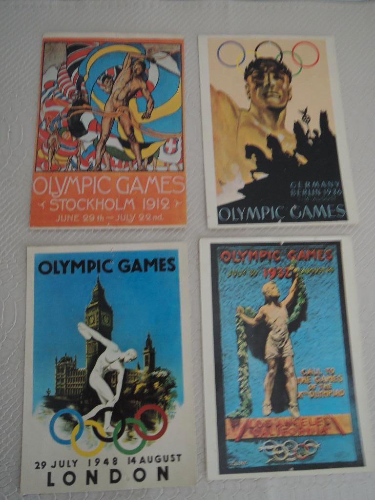 Vier ongebruikte ansichtkaarten van de Olympische Spelen, Ophalen of Verzenden, 1920 tot 1940, Ongelopen, Sport en Spel