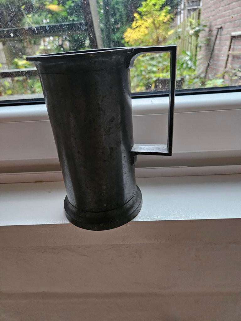 Antieke tinnen maatbeker - liter met merk G sleutel, Antiek en Kunst, Antiek | Tin, Ophalen of Verzenden