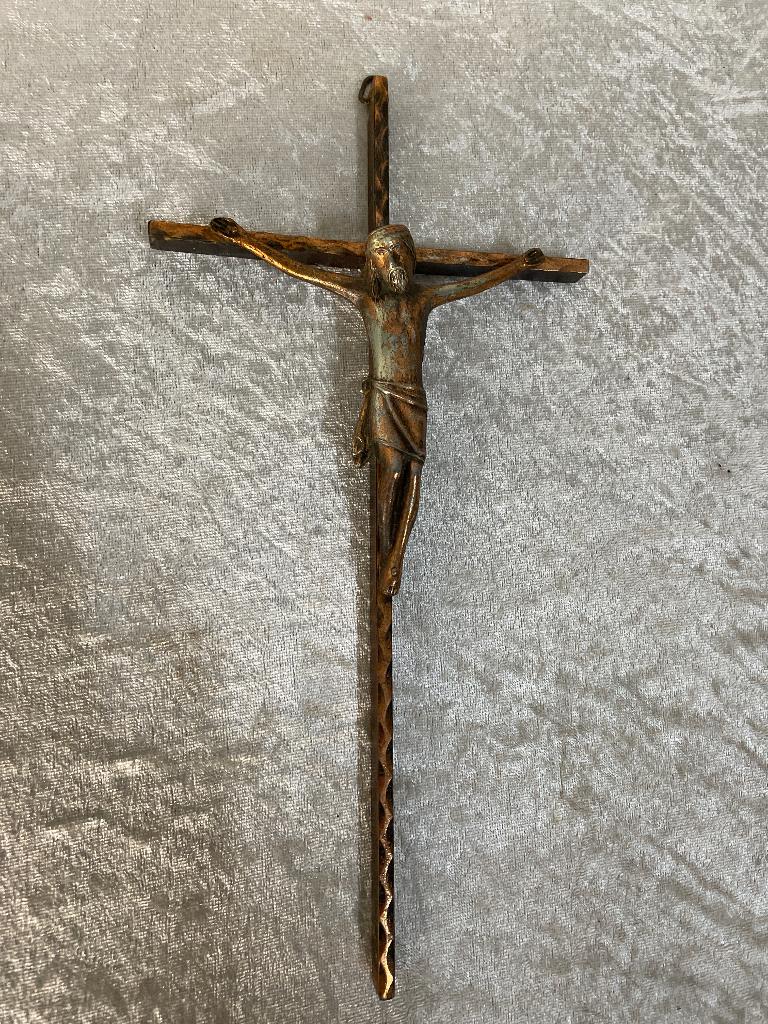 Antiek Koperen Kruis Jezus, Ophalen of Verzenden