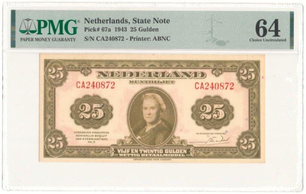 Nederland 25 gulden 1943 Wilhelmina PMG 64, Ophalen of Verzenden, 25 gulden, Los biljet