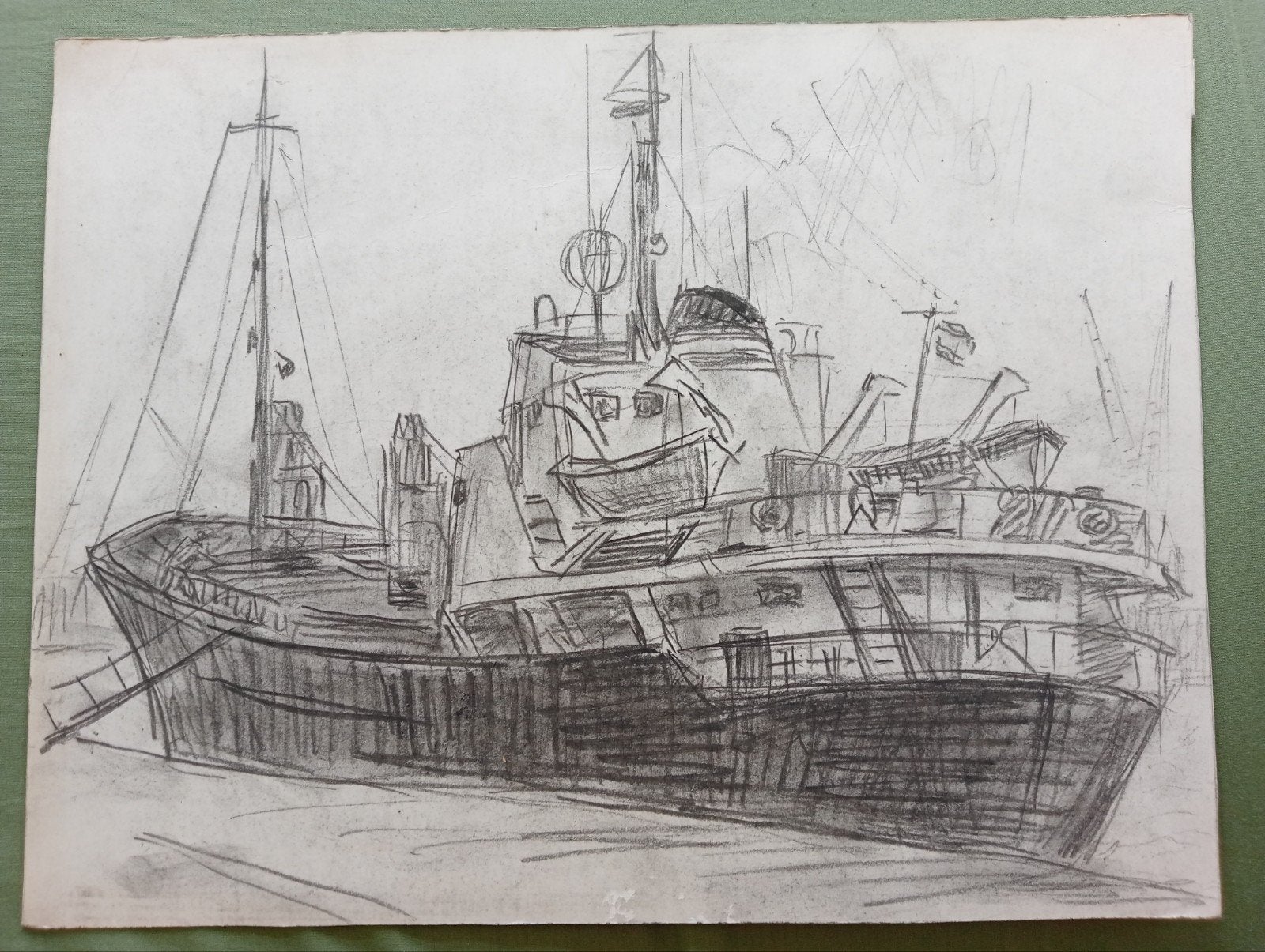 Jan Visser tekening schip haven Rotterdam jaren 40-50, Antiek en Kunst, Kunst | Tekeningen en Foto's, Ophalen of Verzenden