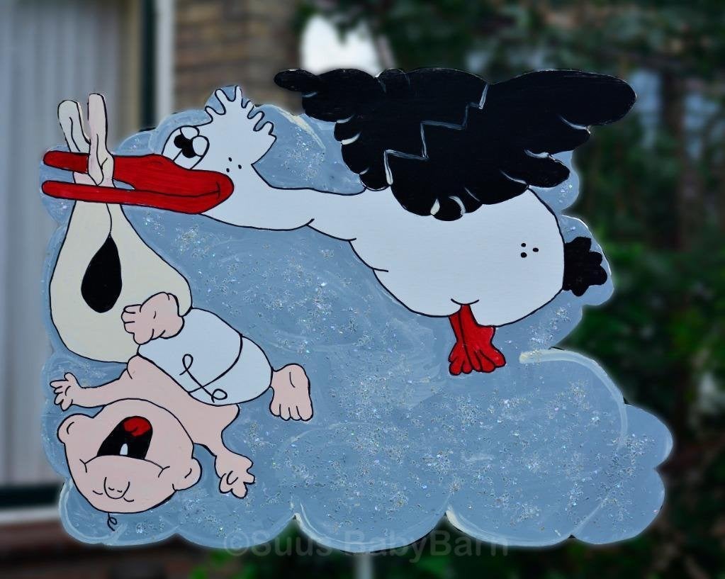 Geboortebord met humor. Ooievaar & Baby op wolk, Ophalen of Verzenden, Geboortebord