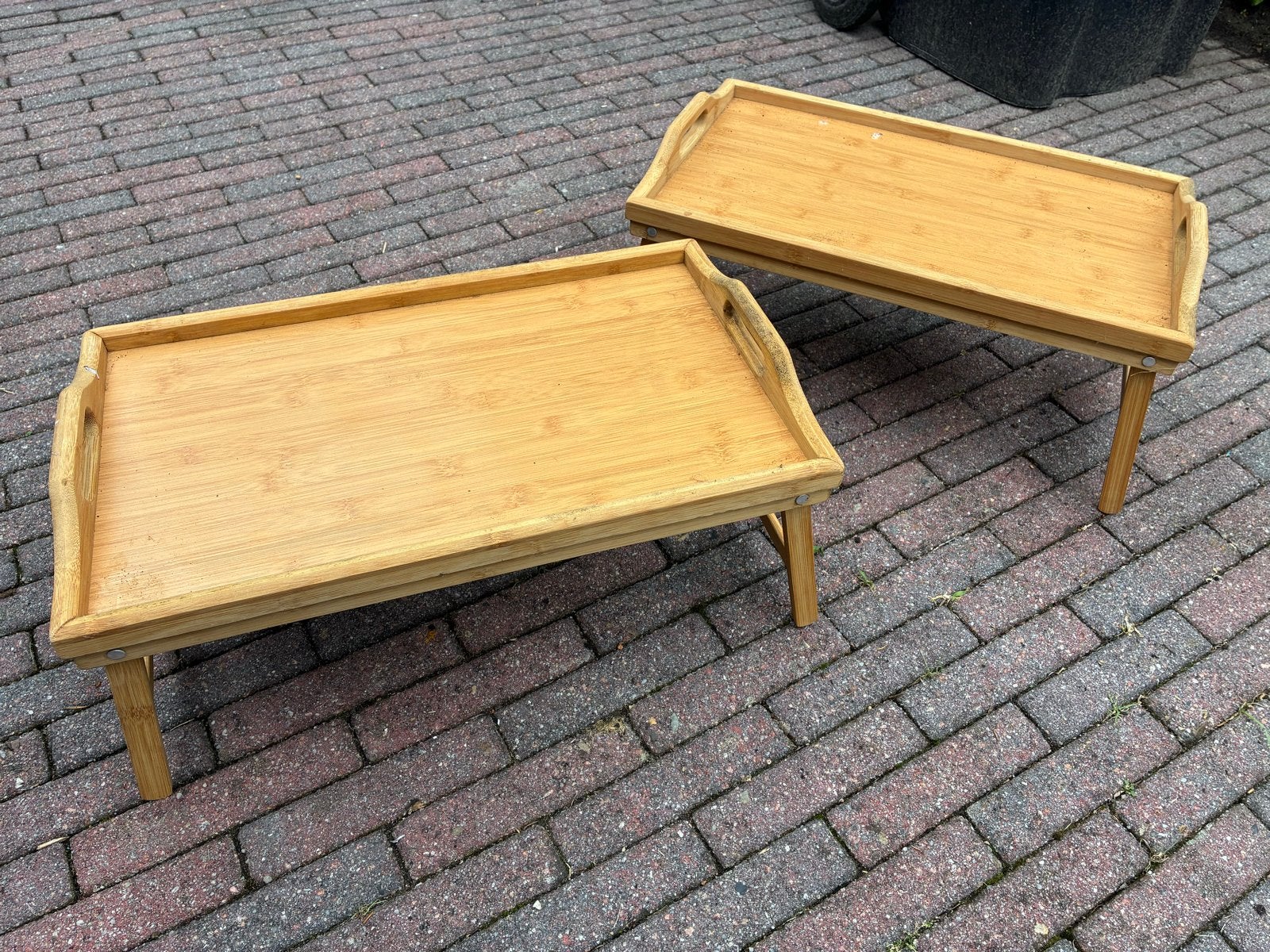 Set van 2 bamboe bedtafeltjes / ontbijtbladen, Ophalen, Minder dan 45 cm, Gebruikt, 55 tot 75 cm