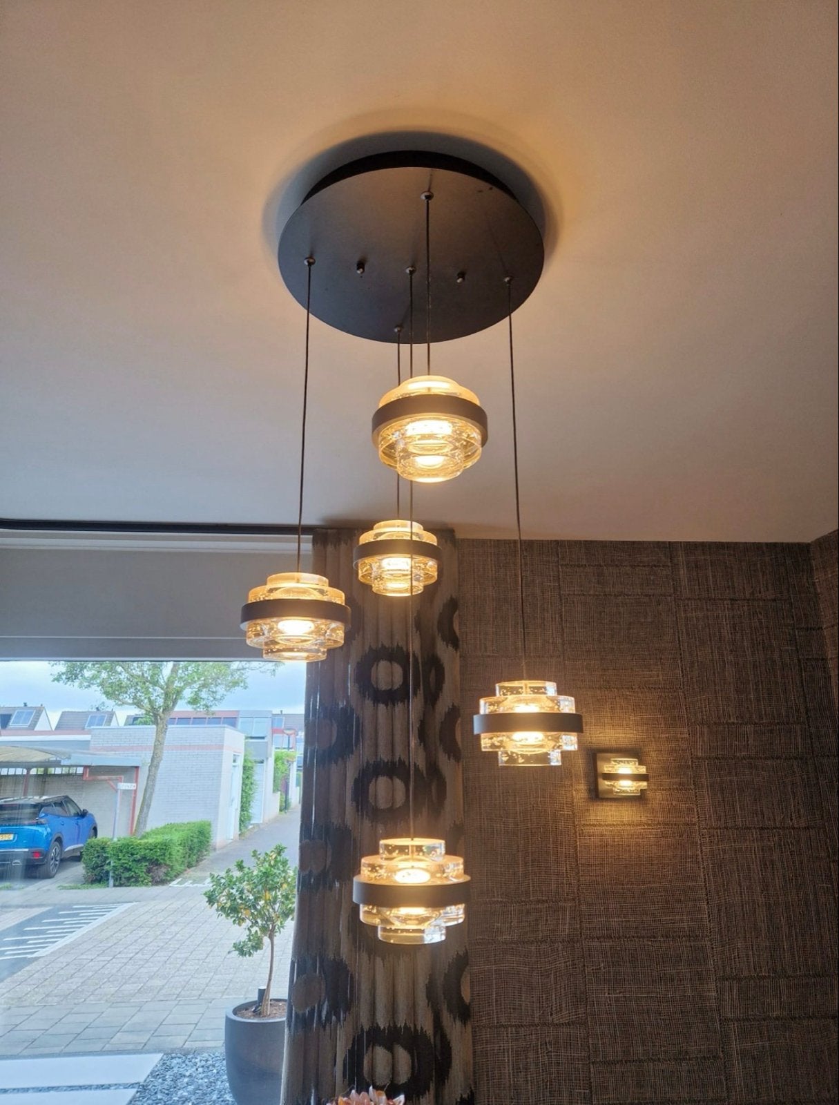 Moderne hanglamp en wandlampenset met glazen kappen, Ophalen, Zo goed als nieuw, Glas, Overige fittingen