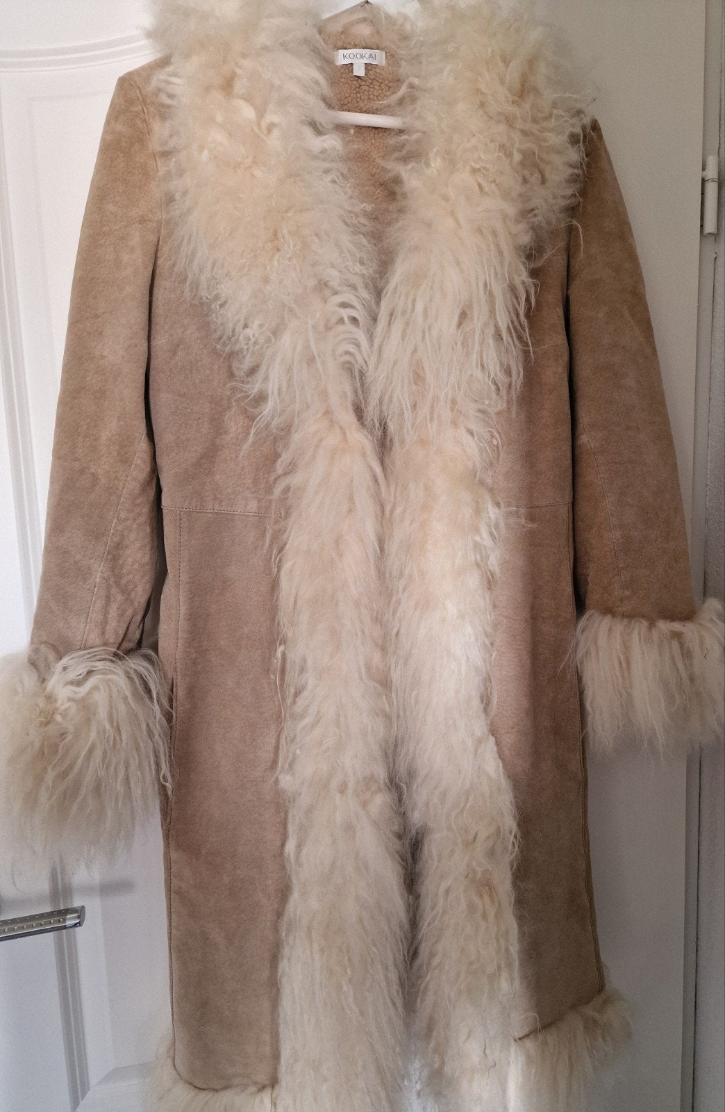 Vintage Kookai suède damesjas met Mongools lamswol, Maat 38/40 (M), Beige, Kookai, Ophalen of Verzenden