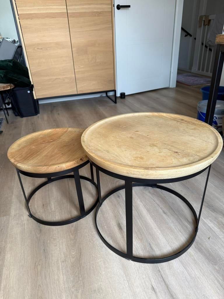 Salontafels mangohout en staal, Ophalen, 50 tot 100 cm, Rond, Zo goed als nieuw
