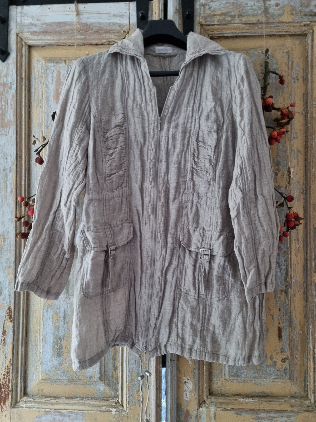 Jas beige van kreukel katoen., Ophalen of Verzenden, Zo goed als nieuw, Maat 46/48 (XL) of groter, Beige