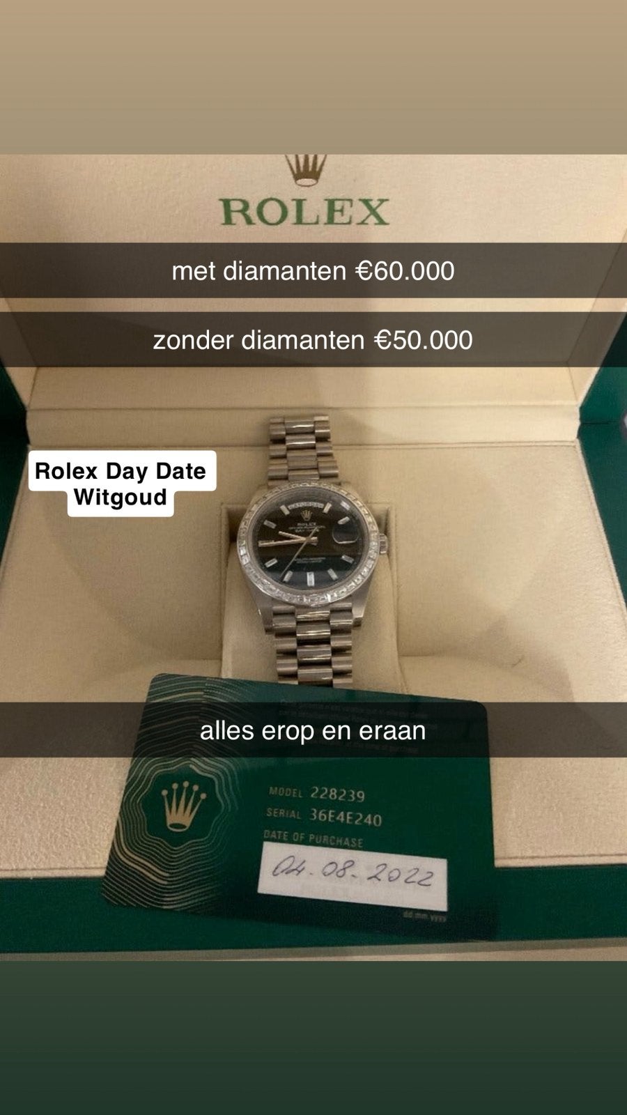 Rolex Day Date Witgoud, Ophalen of Verzenden, Zo goed als nieuw, Staal, Rolex