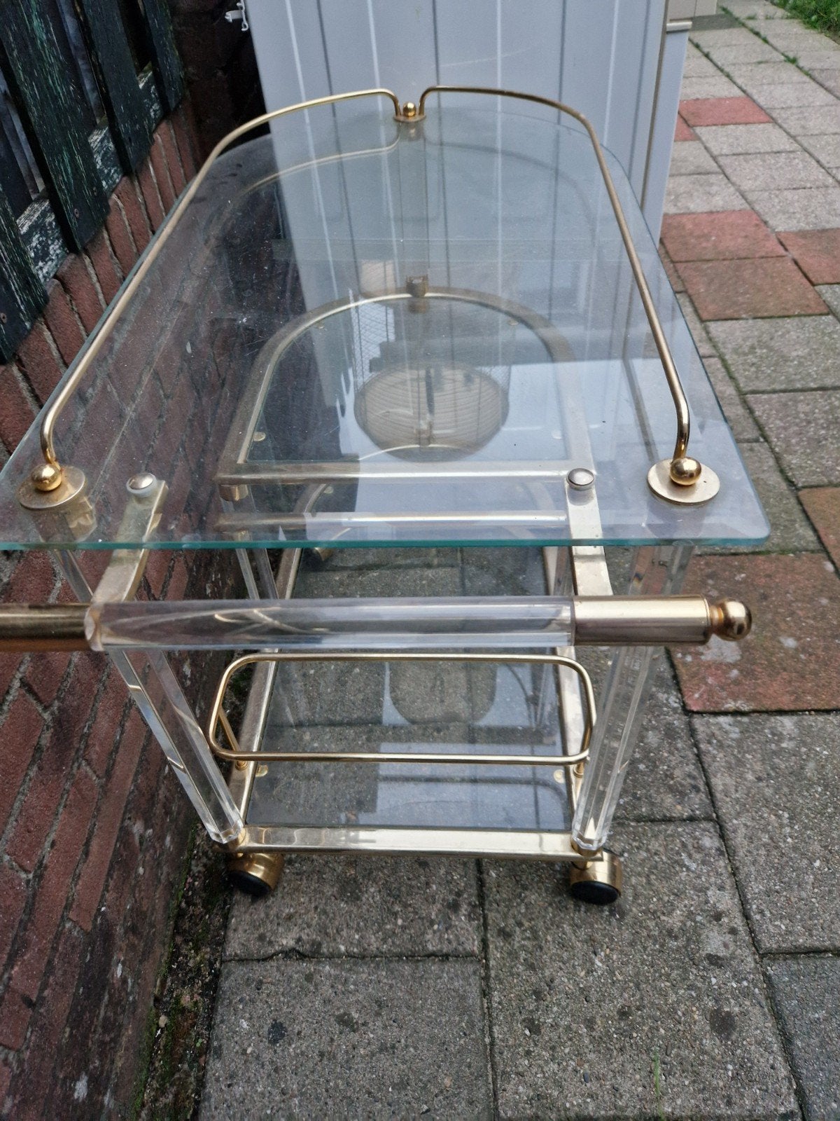 Leuke theewagen van messing met plexiglas, Ophalen, Vintage, Gebruikt, Goud