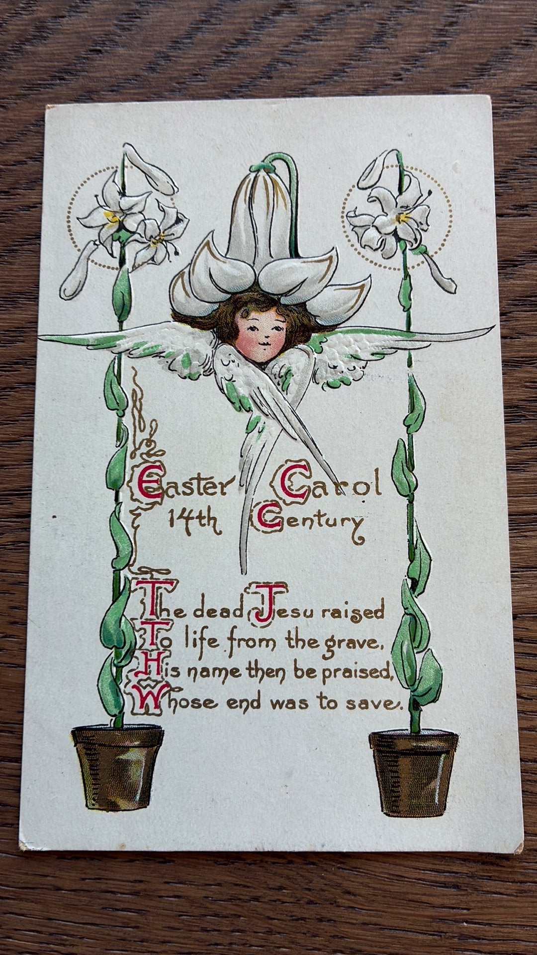 Pasen. Reliefkaart. Engel in kelk, lelies in pot., Ophalen of Verzenden, Voor 1920, Overige thema's