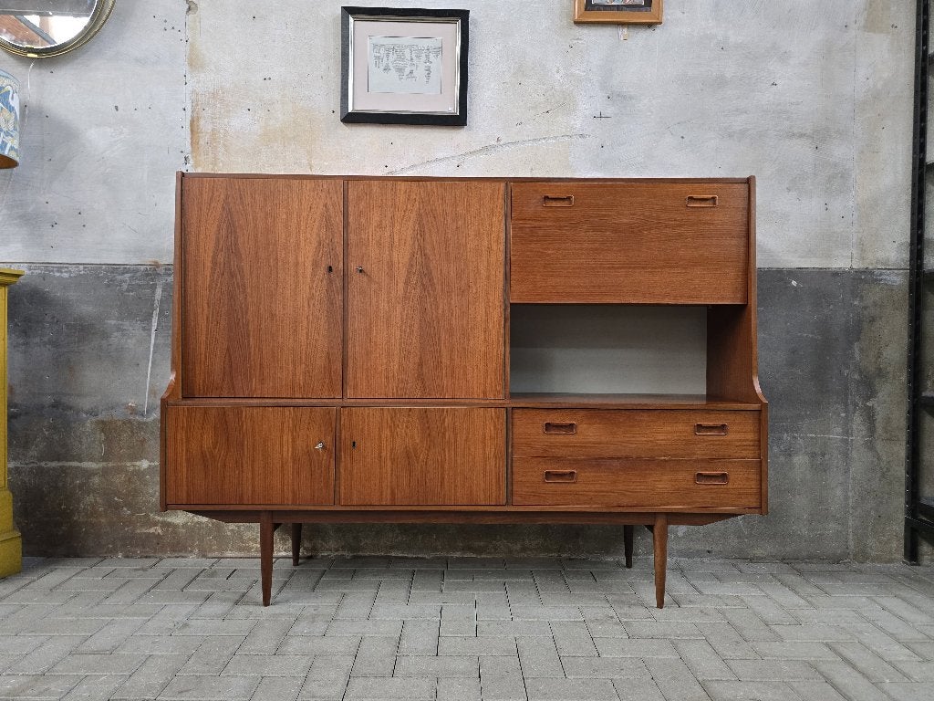 Mid Century Design Wand Kast Teak Vintage Jaren 60 Dressoir, Gebruikt, 100 tot 150 cm, 150 tot 200 cm, Ophalen of Verzenden