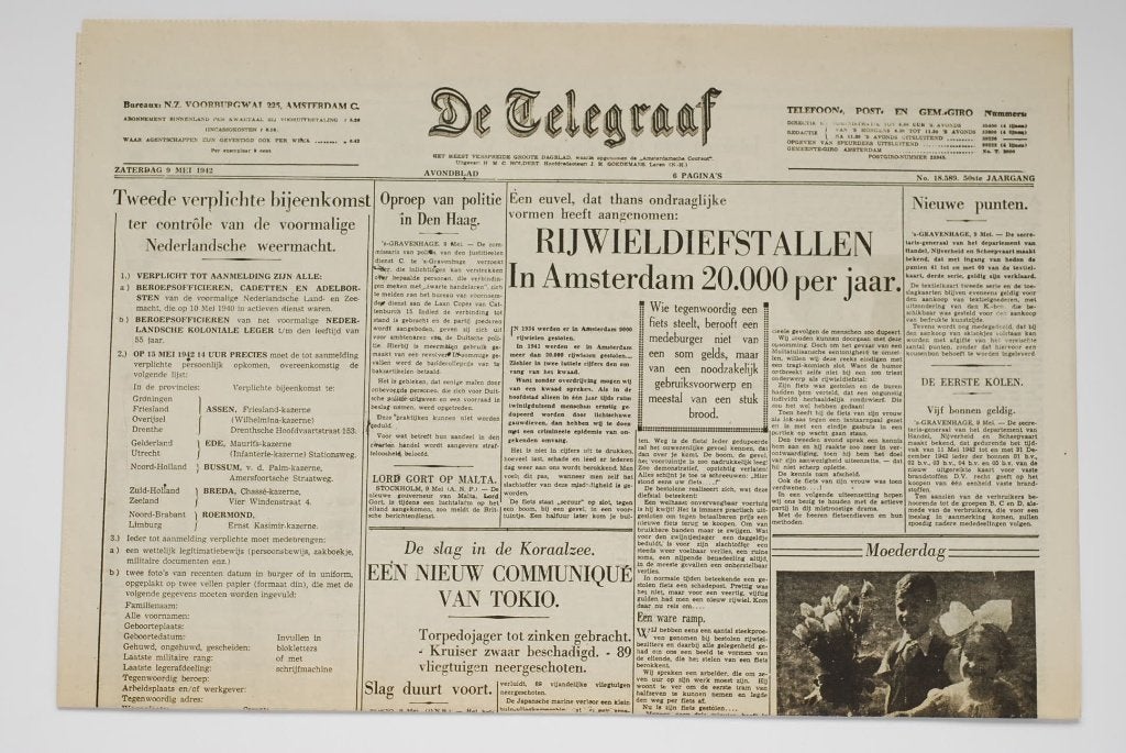Krant WOII De Telegraaf Zaterdag 9 Mei 1942 Heruitgave 1994, Verzamelen, Zo goed als nieuw, Verzenden, Amsterdam, Overige soorten