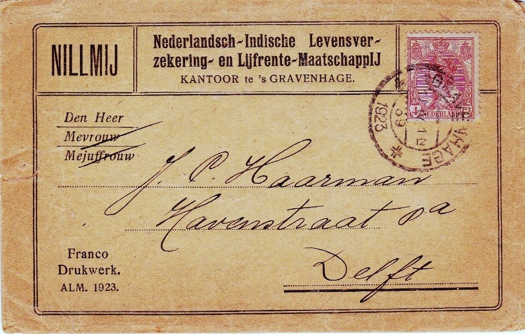 NEDERLANDSCH - INDISCHE LEVENSVERZEKERING EN LIJFRENTE -, Ophalen of Verzenden, Envelop