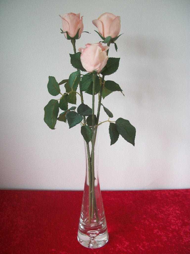 Glazen Vaas met 3 Rozen Roze - 54 cm hoog - zgan, Binnen, Roze, Kunstbloem, Zijde