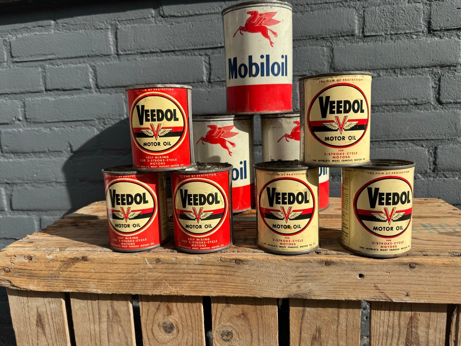 Vintage Olieblikken: Mobil Oil en Veedol Collectie, Ophalen of Verzenden