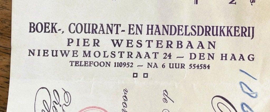 DEN HAAG: Pier Westerbaan Drukkerij - 5 kwitanties - 1950's, Ophalen of Verzenden, Gebruikt, Overige typen