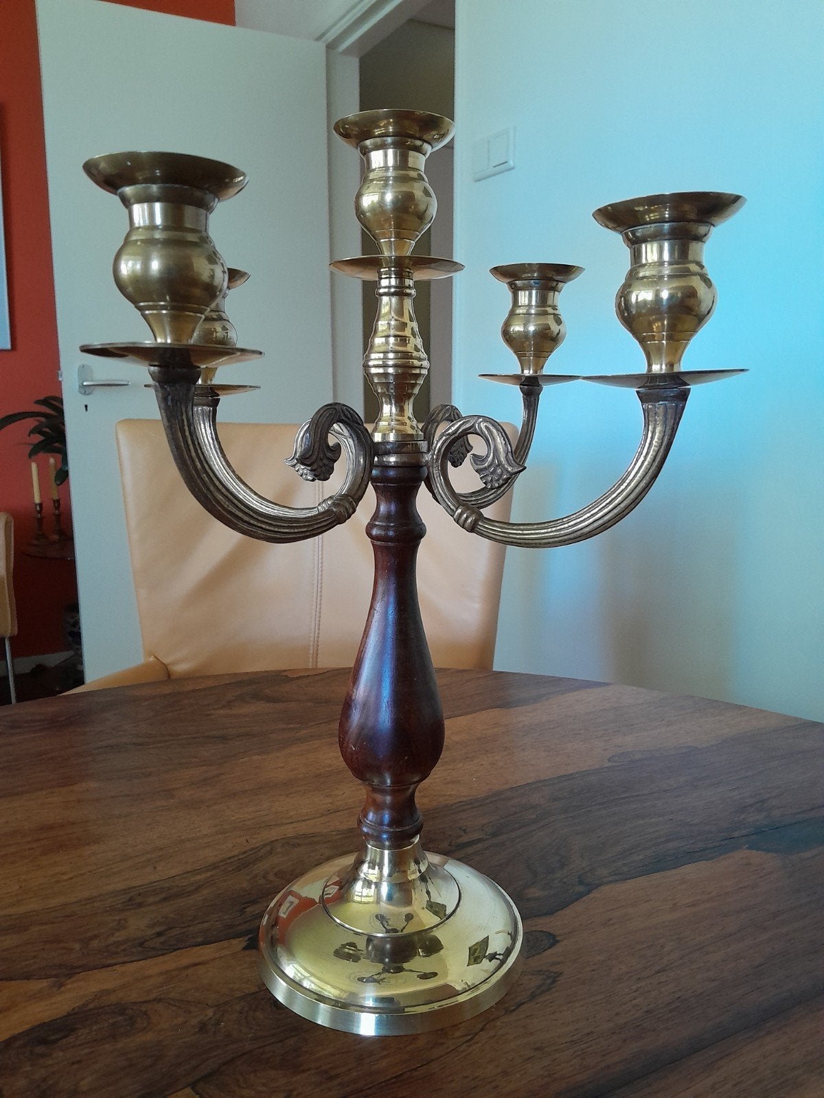 Kandelaar van koper en hout 5 armig., Ophalen of Verzenden, Koper of Brons