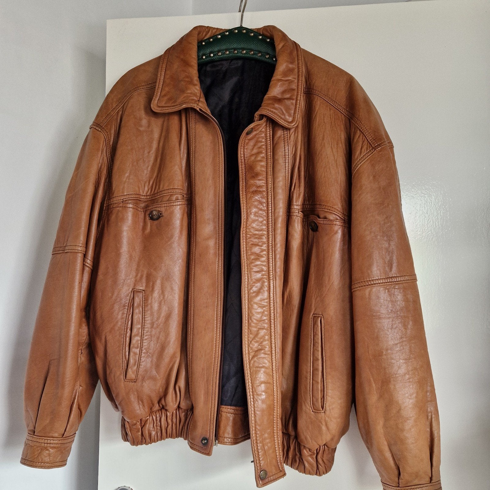 Bruine leren bomber jas, camel, cognac L, Ophalen of Verzenden, Bruin