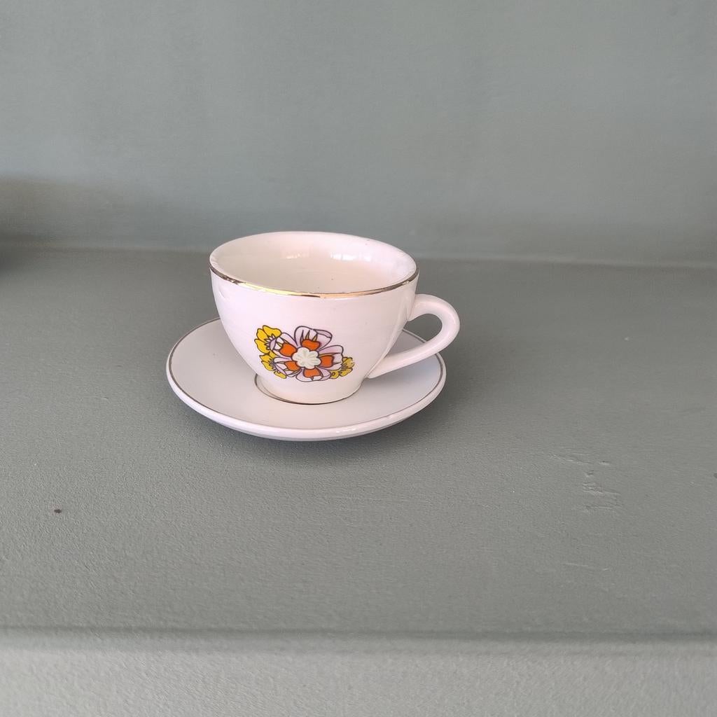 Vintage koffieservies met bloemmotief - 4 kopjes en pot, Ophalen of Verzenden