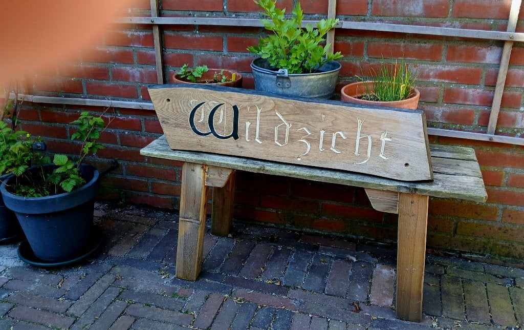 Groot eiken naambord voor op de gevel met tekst: Wildzicht, Ophalen of Verzenden, Gebruikt