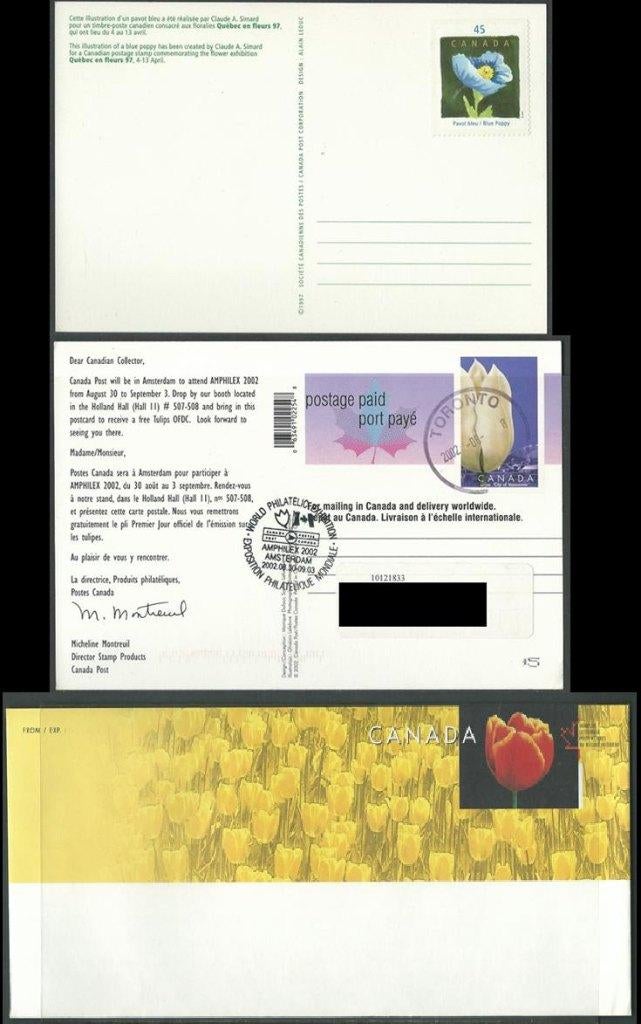 CANADA 1997-2005 Tulp - Bloem op 1 Envelope + 2 Postcards, Verzenden, Dier of Natuur