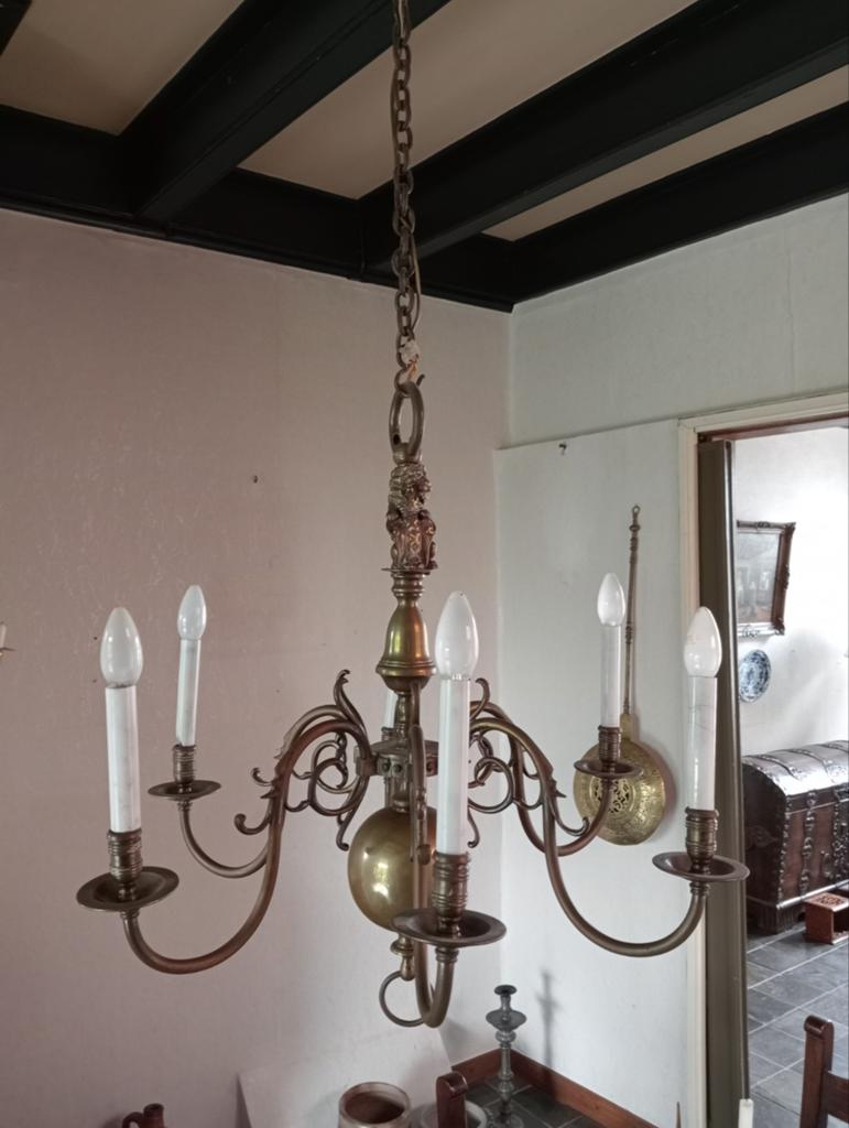 Antieke bronzen Kroonluchter met 6 armen, Antiek en Kunst, Antiek | Lampen, Ophalen