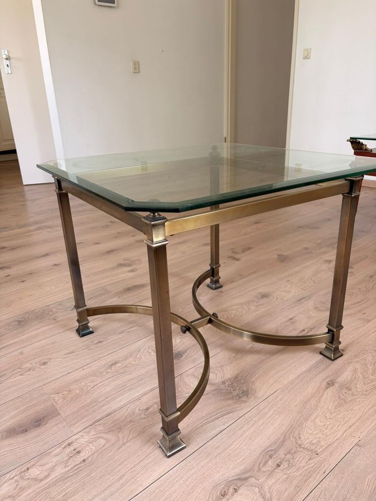 Vintage Bijzettafel Hollywood Regency | Messing & Glas, 68cm, Gebruikt, Vierkant, 55 tot 75 cm, Glas
