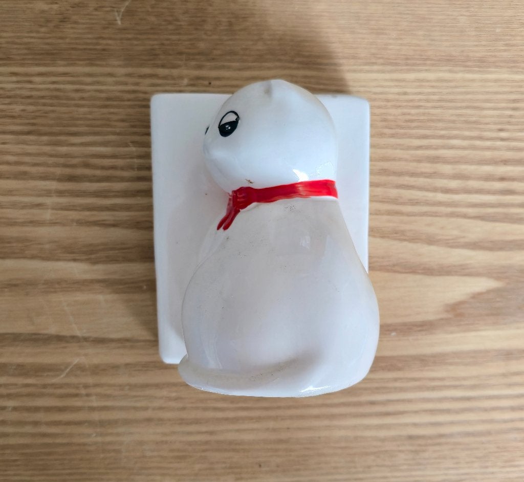 Vintage keramische kattenboeksteun met rode strik, Ophalen of Verzenden