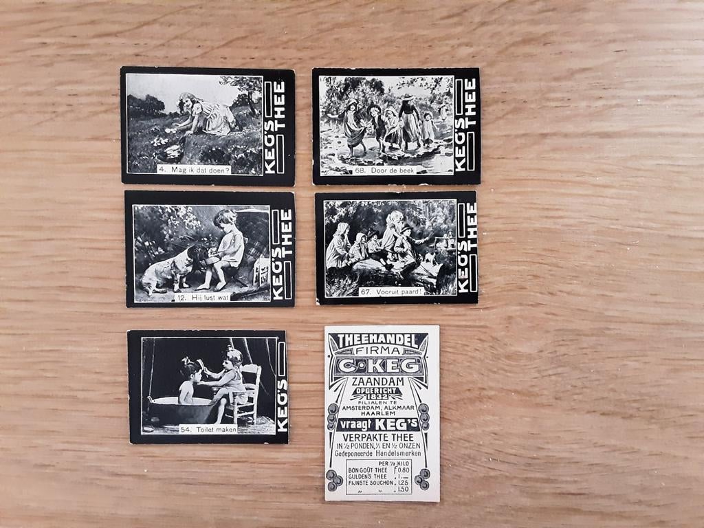5 Reclameplaatjes Keg's thee Zaandam zwartjes, Ophalen of Verzenden