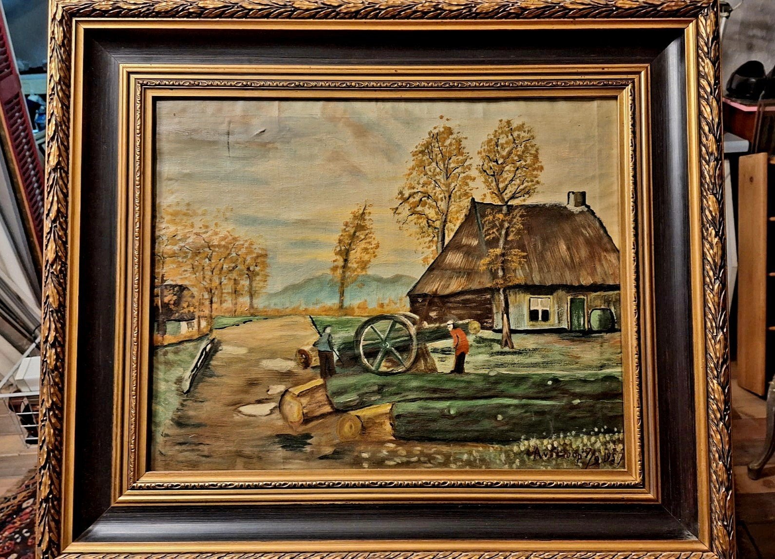 Oud Hollands Landschap met Boerderij en Figuren, Antiek en Kunst, Kunst | Schilderijen | Klassiek, Nederlandse school, Handgeschilderd