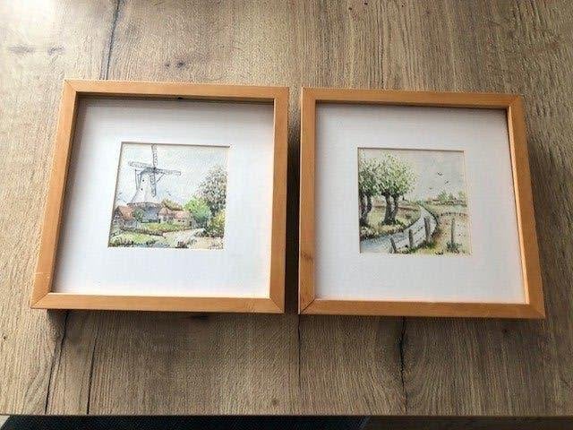 Vintage set 2 mooie waterverfschilderijen, Ophalen