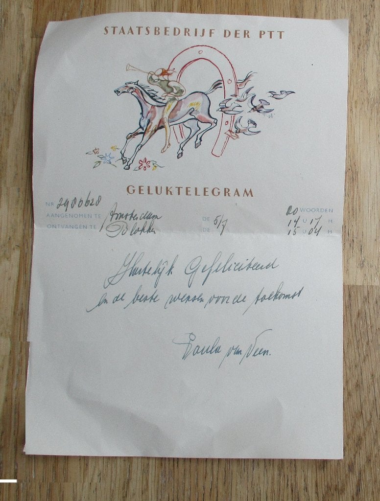 Geluktelegram Staatsbedrijf der PTT uit 1956 paard duiven, Verzamelen, Ophalen of Verzenden, Gebruikt