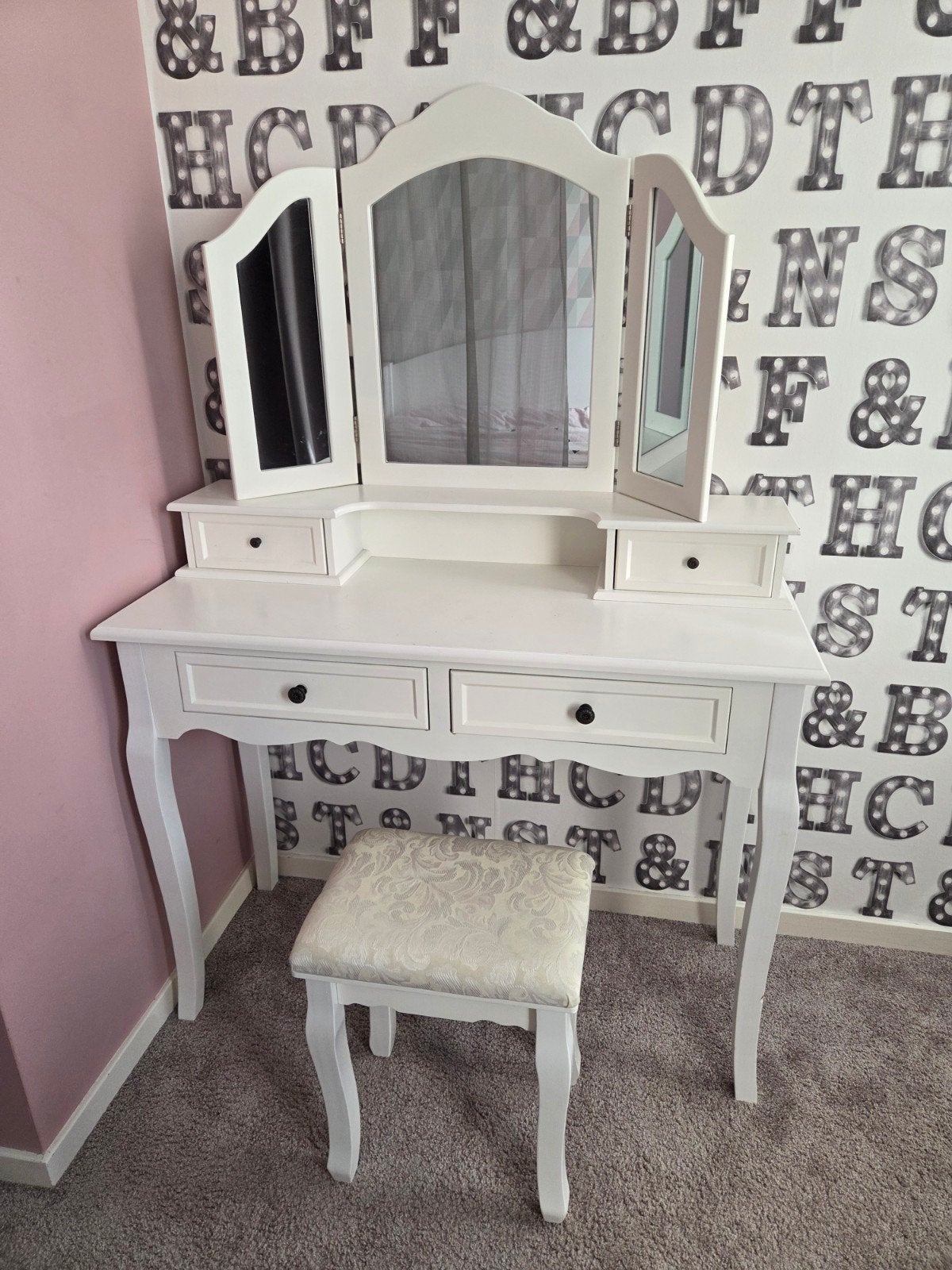 Witte kaptafel met spiegel en krukje, Ophalen, Gebruikt, 100 tot 150 cm, 100 tot 150 cm