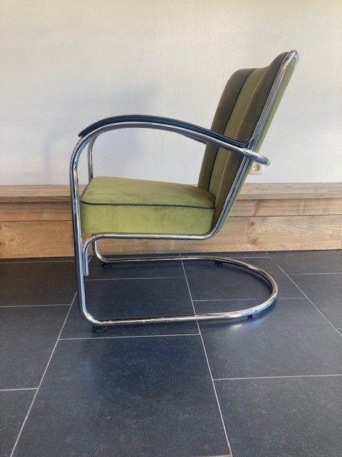 Gispen 412 fauteuil, chroom, nieuwe lime groene ribstof, Design, 75 tot 100 cm, Zo goed als nieuw, Stof