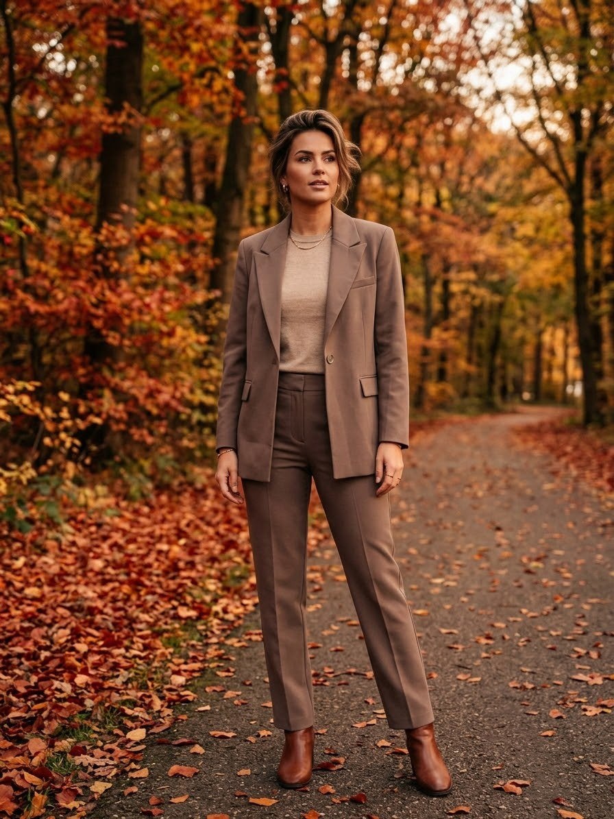 Pak Mos mosh bruin/groenig pantalon en blazer, Kleding | Dames, Maat 38/40 (M), Kostuum of Pak, Bruin, Ophalen of Verzenden