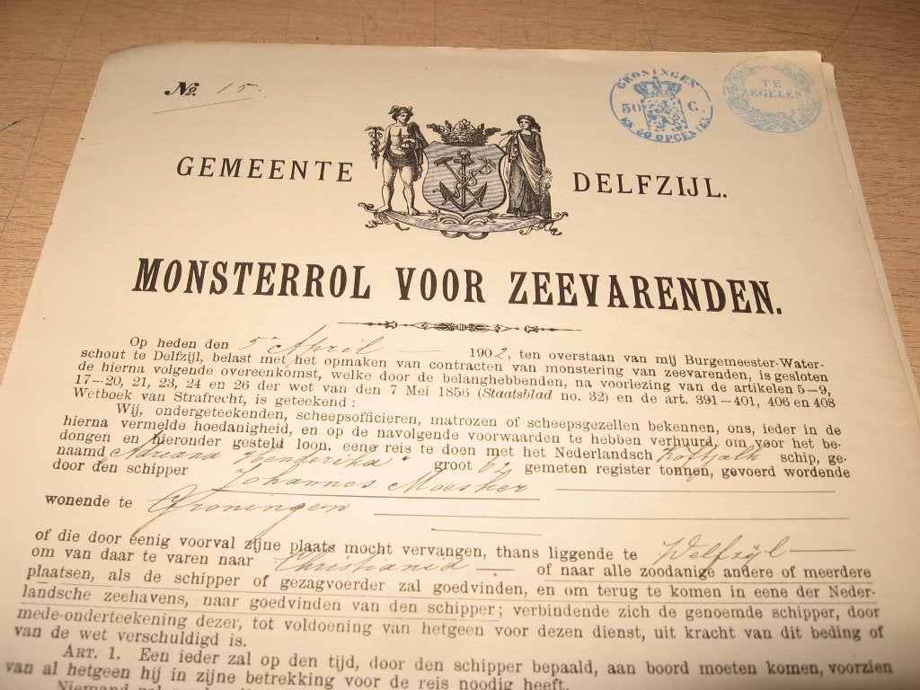 Monsterrol voor Zeevarenden  1902  Gemeente Delfzijl  5x, Ophalen of Verzenden, Gebruikt, Overige typen
