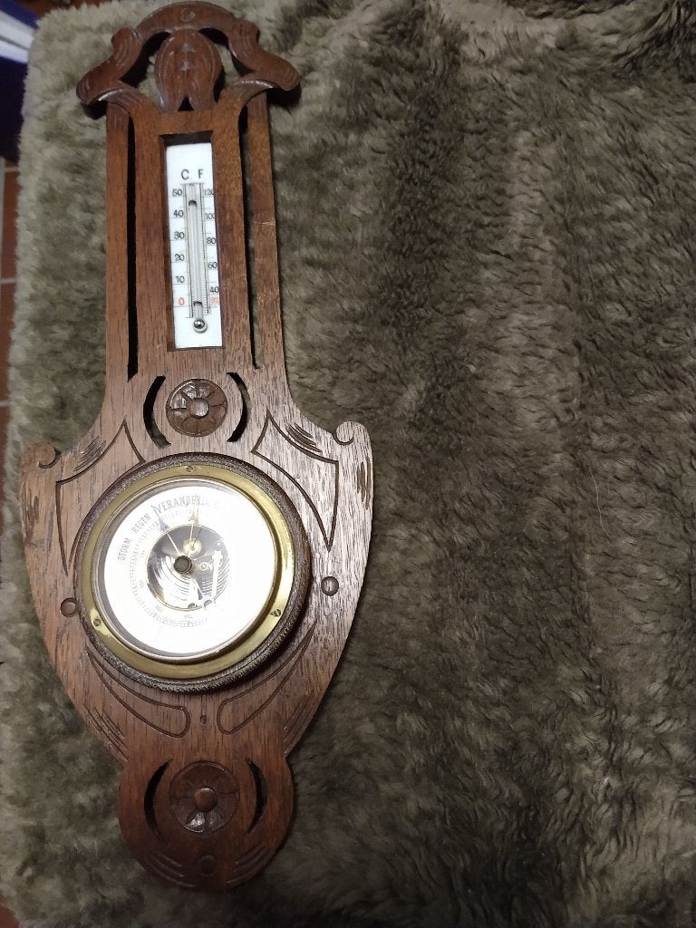 Barometer met thermometer antiek eiken erg oud 50 hoog 18 cm, Binnenthermometer, Ophalen of Verzenden, Gebruikt, Hout