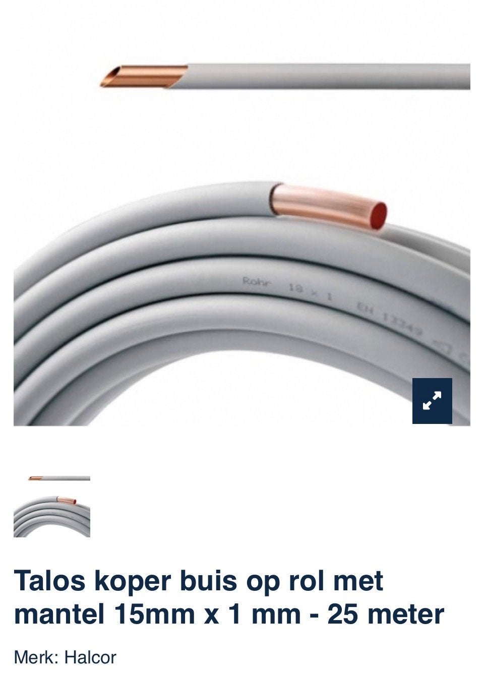 Halcor Talos Koper Buis op Rol met Mantel 15mm x 1mm - 25m, Ophalen, Nieuw, Overige merken, Kabel of Snoer